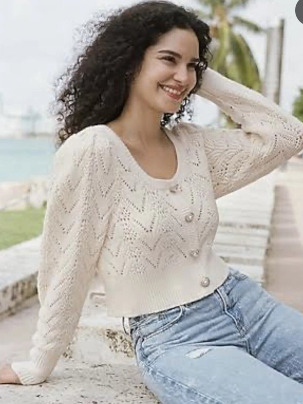 Express Cardigan Womens X-Large Ivory Pointelle Knit Cropped Pearl Button P4723